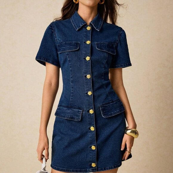 Dark Wash Casual Women's Denim Button-Up Mini Dress - Picture 7 of 7